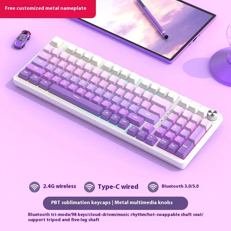 98 key wireless Bluetooth mechanical keyboard kit with metal knob on desk