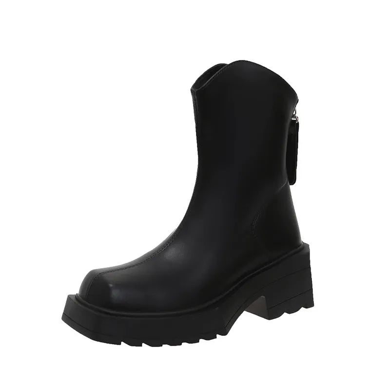 Black square toe platform Martin boots for women with a back zipper and mid-calf shaft.