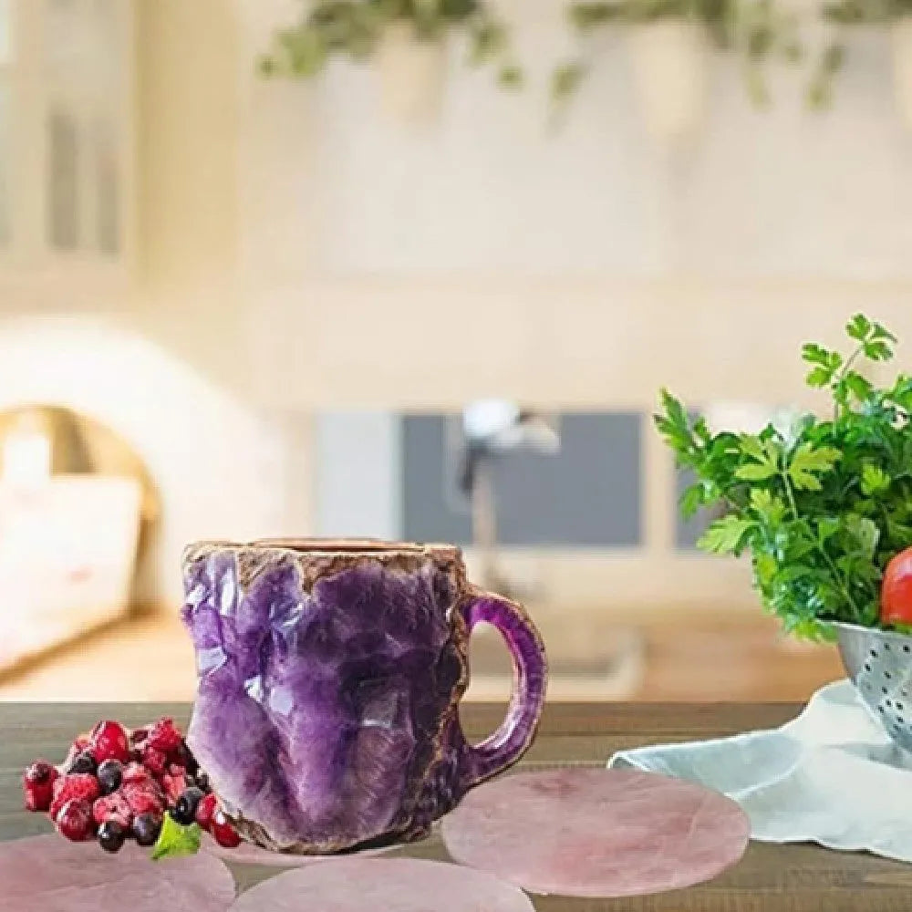 Resin mineral crystal coffee mug with handle in purple colour, showing 3D texture.