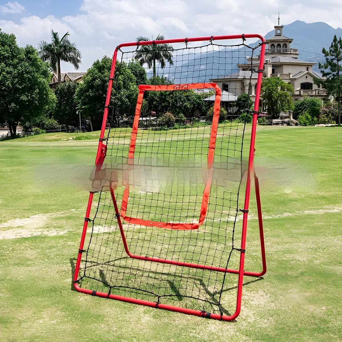 Red baseball training net with metal frame measuring 4x6 feet