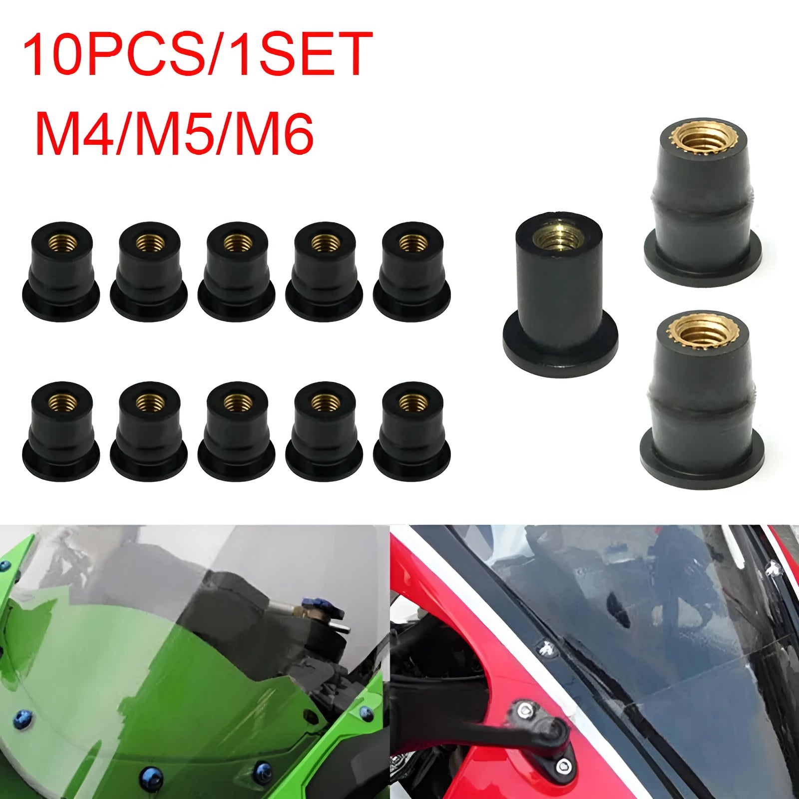 Black rubber well nut fasteners with brass inserts for motorcycle windshields, M4 M5 M6 sizes.