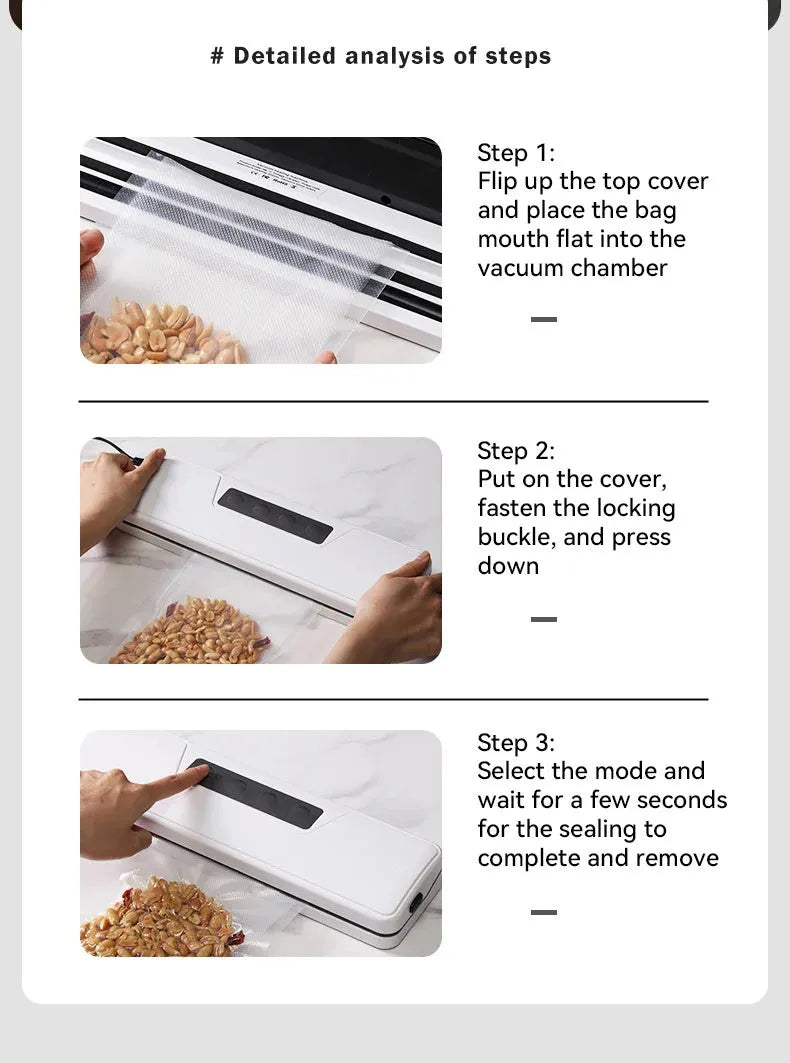 Small white automatic vacuum sealing machine for home food preservation on a kitchen counter.