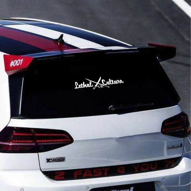Car rear windshield family sticker text decal in yellow and silvery white colours showing 58x13cm and 30x6.6cm sizes
