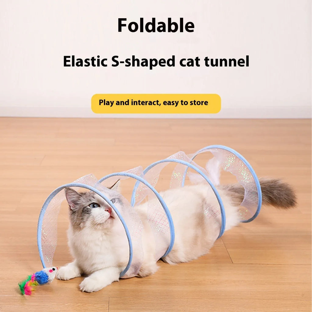 S-Type cat tunnel toy with flexible steel wire frame, elastic net mesh, and feather lure