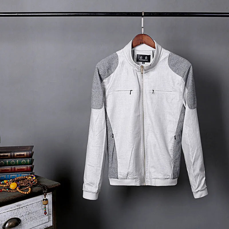 Men's blue cotton linen jacket on a hanger, showing regular fit and button front.
