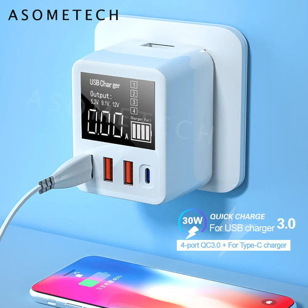 White 4-port fast travel charger with smart display, QC3.0 and PD3.0 ports, and UK plug.