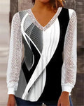 Purple loose V-neck women's top with hollow-out lace pattern and long sleeves.
