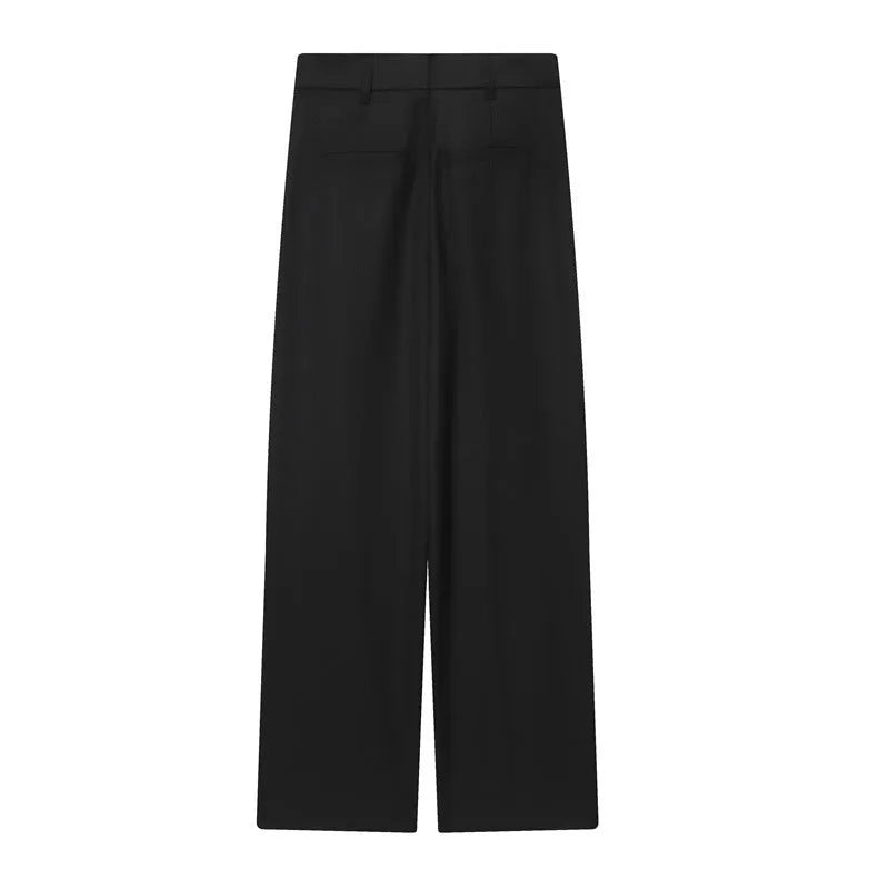 Women's black wrap design trousers in wool blend, mid waist, inelastic, sizes XS to L