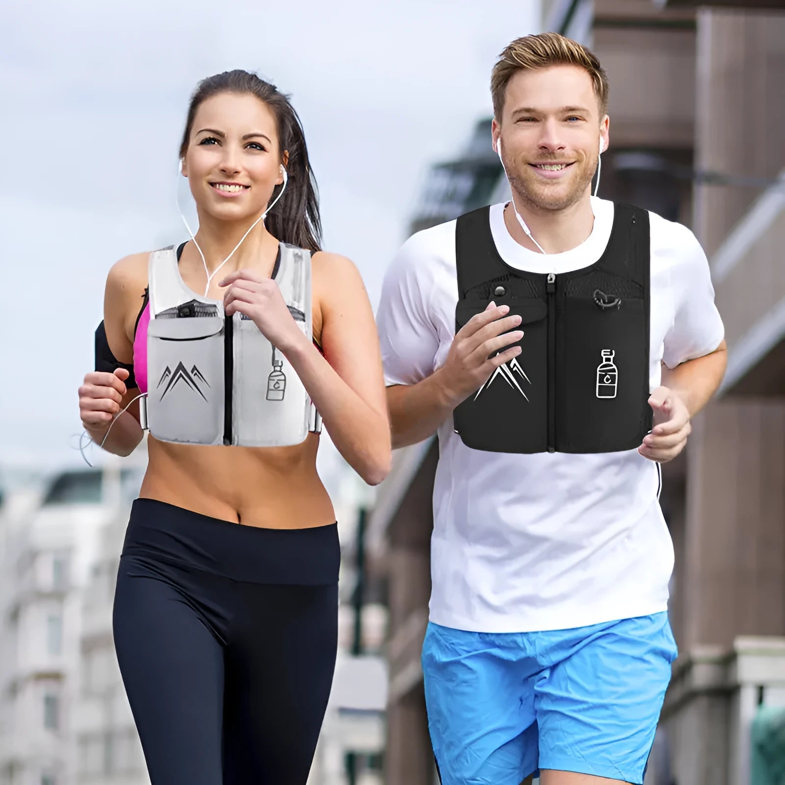 Sports running vest with breathable mesh and integrated phone compartment, shown in classic black colour