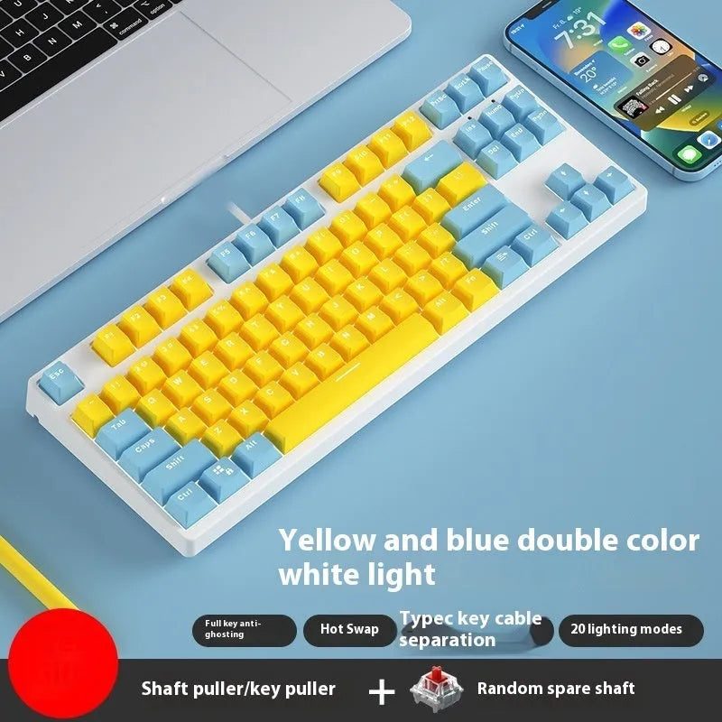 87 key wired mechanical keyboard with hot-swappable switches showing dual-colour keycap theme on metal body