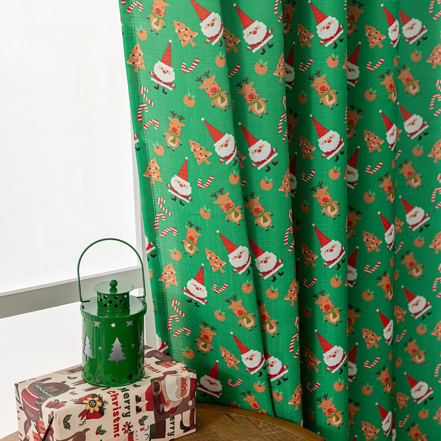 Green Christmas curtain with printed snowman and angel pattern, 1 metre length