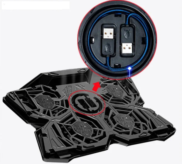 Blue computer cooling pad with four illuminated fans and USB ports