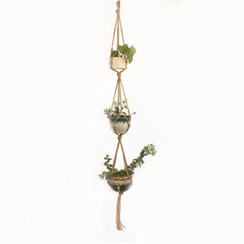 Woven wire rope plant holder with cotton rope in desktop, wall, and hanging styles.