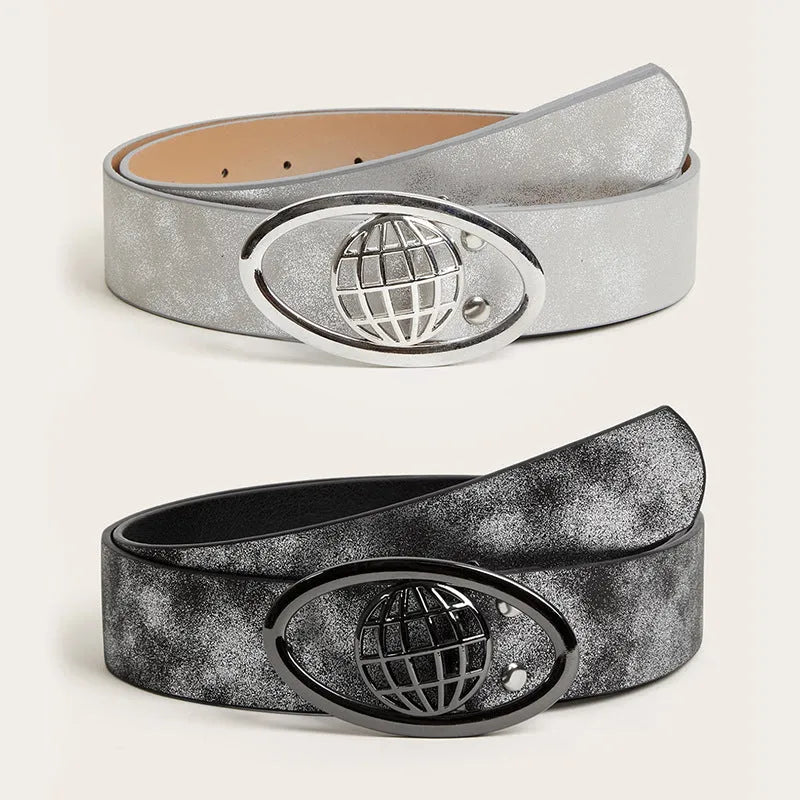 Retro style women's wide belt with oval alloy buckle in grey white and silver white colours.