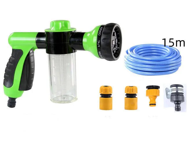 Green high-pressure foam spray gun for car washing with adjustable nozzle and multiple spray patterns