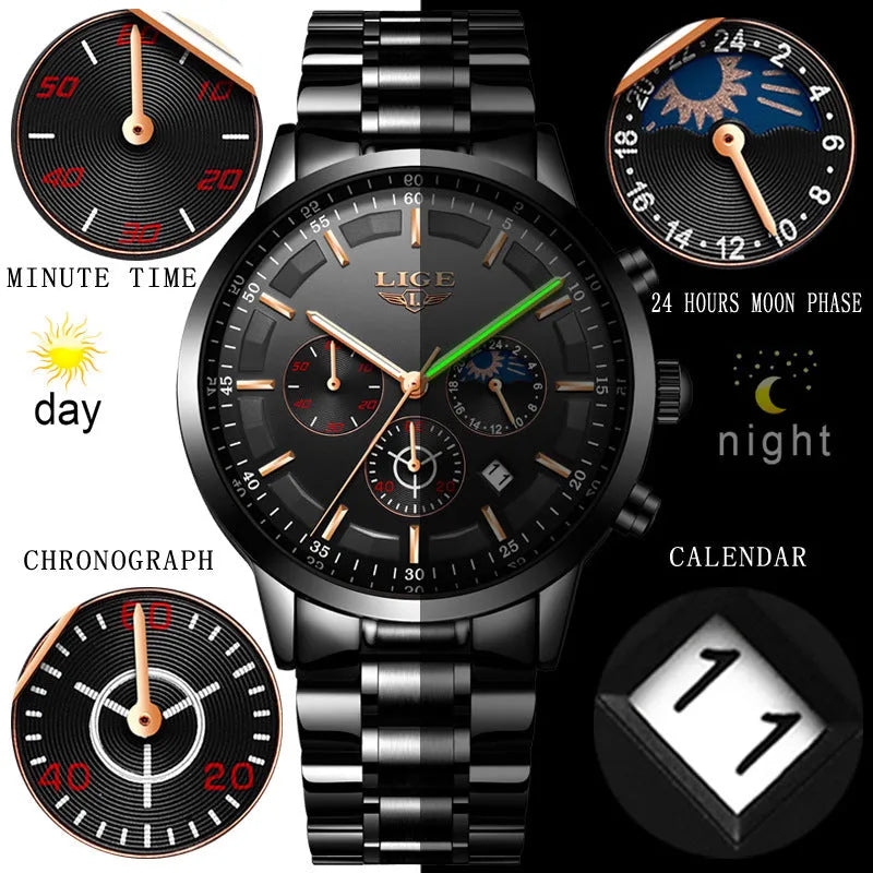 Men's quartz sports watch with a 12mm thick case in various colour combinations.
