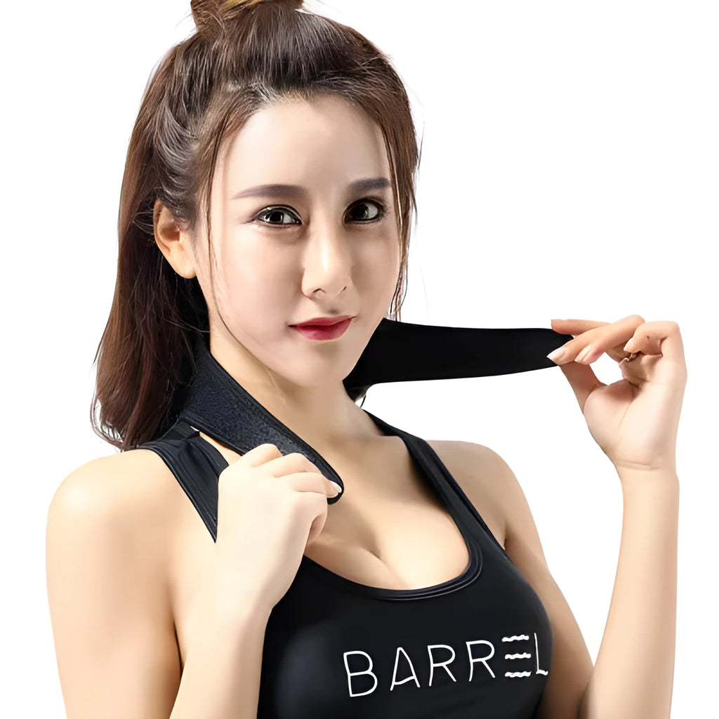 Black self-heating magnetic neck guard with adjustable shoulder strap for neck support