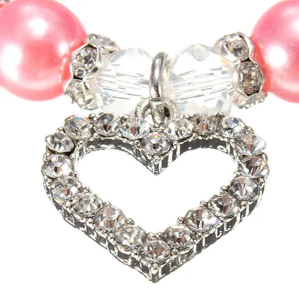 Pet pearl necklace with 10mm imitation pearls, 7mm rhinestone beads, alloy pendant, and white plated K detail