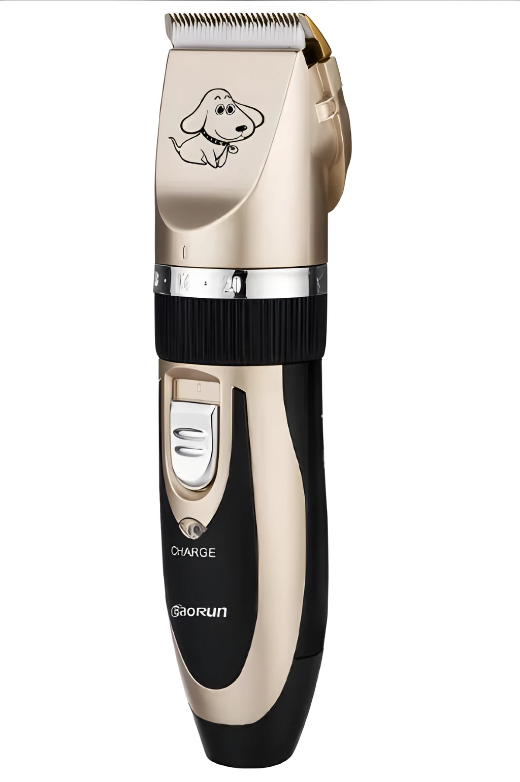 Gold cordless pet grooming clipper kit with ceramic titanium blade, four guide combs and grooming tools