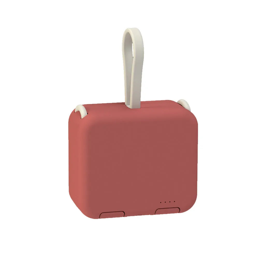 Handbag back clip power bank in blue, showing clip, phone stand function, and Type-C charging ports.