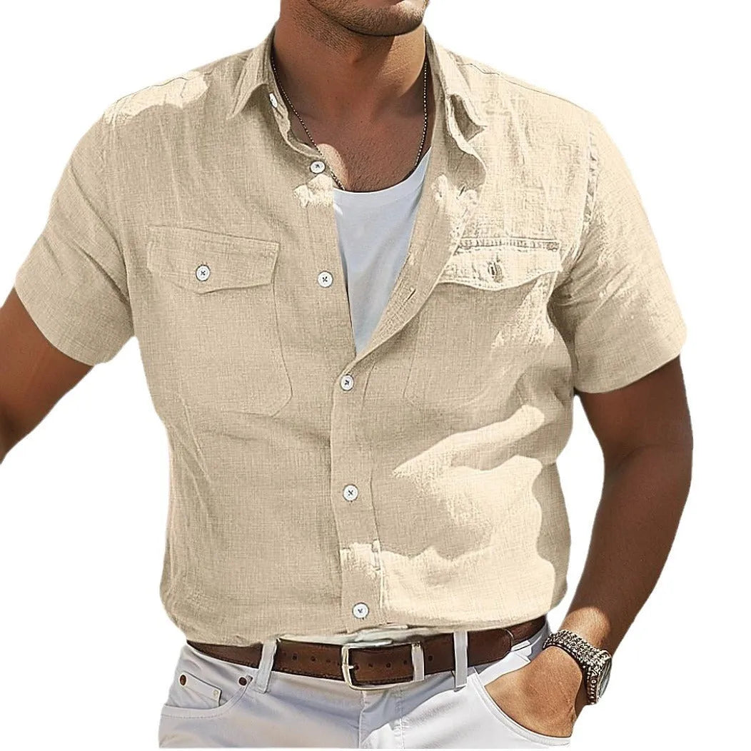 Men's grey cotton loose fit polo collar long sleeve casual shirt