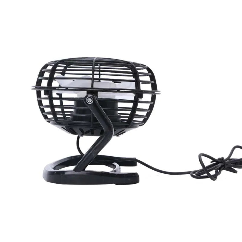 Adjustable mini USB desk fan in black colour with tilt mechanism and USB cable