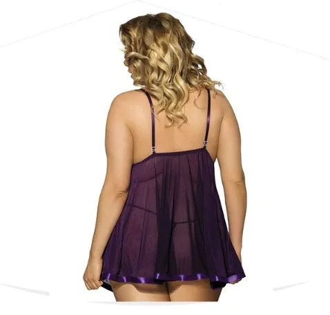 Women's purple mesh lace sleepdress with seamless construction on mannequin
