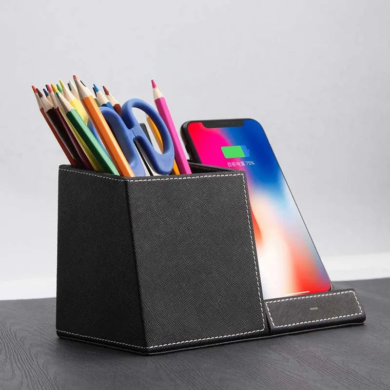 Black leather desk organiser with wireless phone charger and pen holder slot
