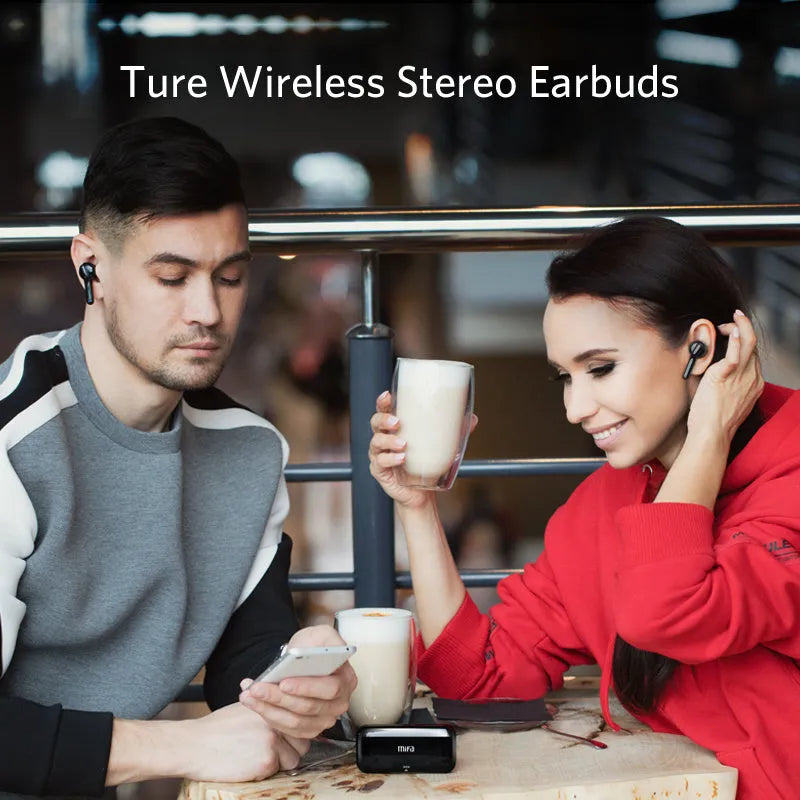 Black and white TWS wireless Bluetooth earbuds with an IPX5 waterproof rating.