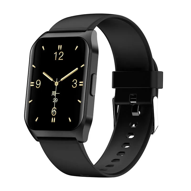 Black or silver smart watch with 1.69-inch touchscreen on a silicone wrist strap