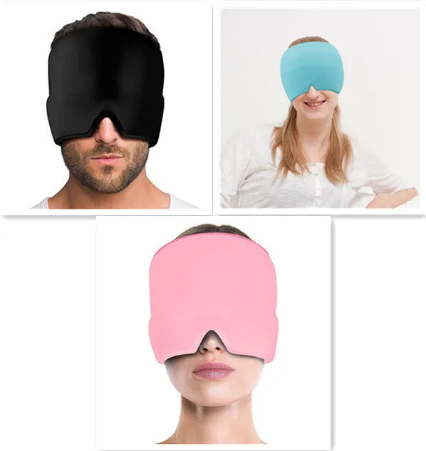Black elastic cloth gel eye mask for headache relief showing adjustable design