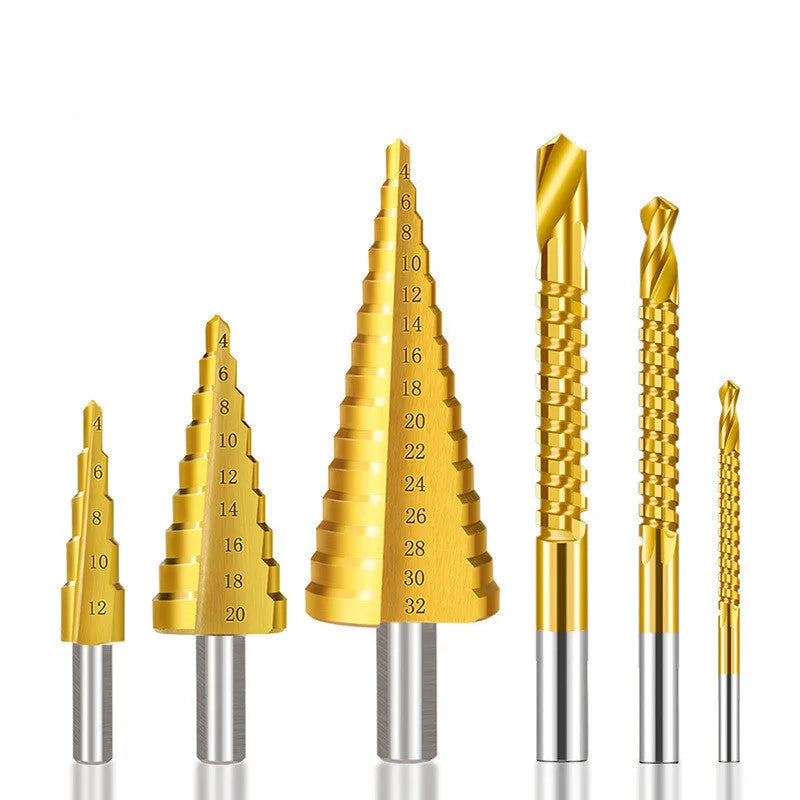 High-speed steel cone drill bit punch set with centre punch in six colour-coded configurations