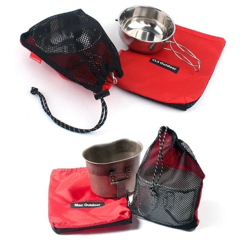 Red outdoor travel storage bag set with 5 pieces showing Oxford cloth and mesh construction