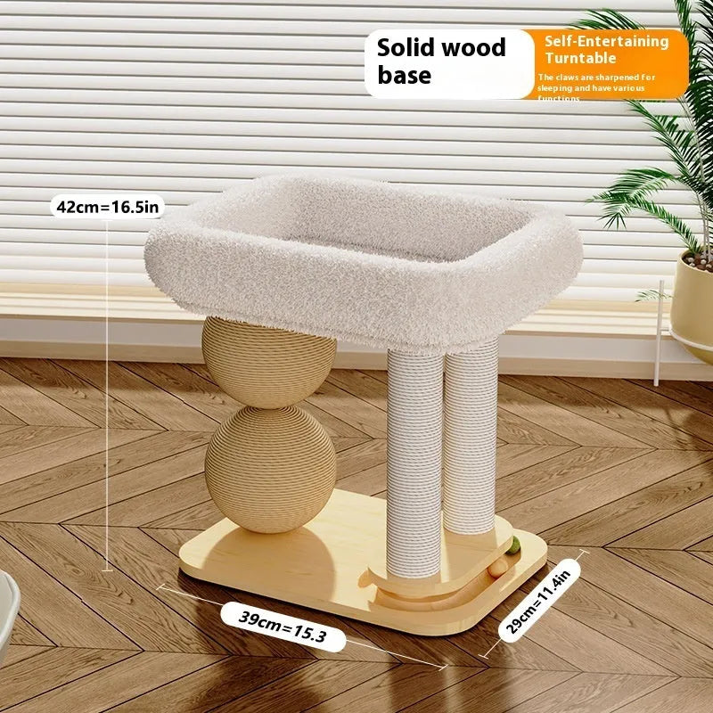 Pine wood cat scratching post with sisal wrapped column and hanging ball toys