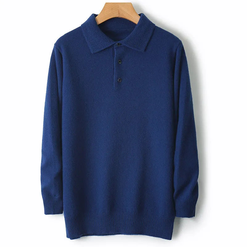 Men's woollen polo collar pullover sweater in a neutral colour showing long sleeves and textured collage stitching.
