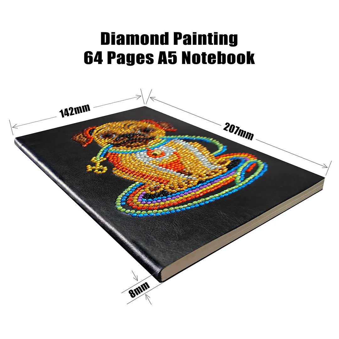 Black A5 diamond painting notebook with 50 pages, shown closed with dimensions 142mm by 207mm.
