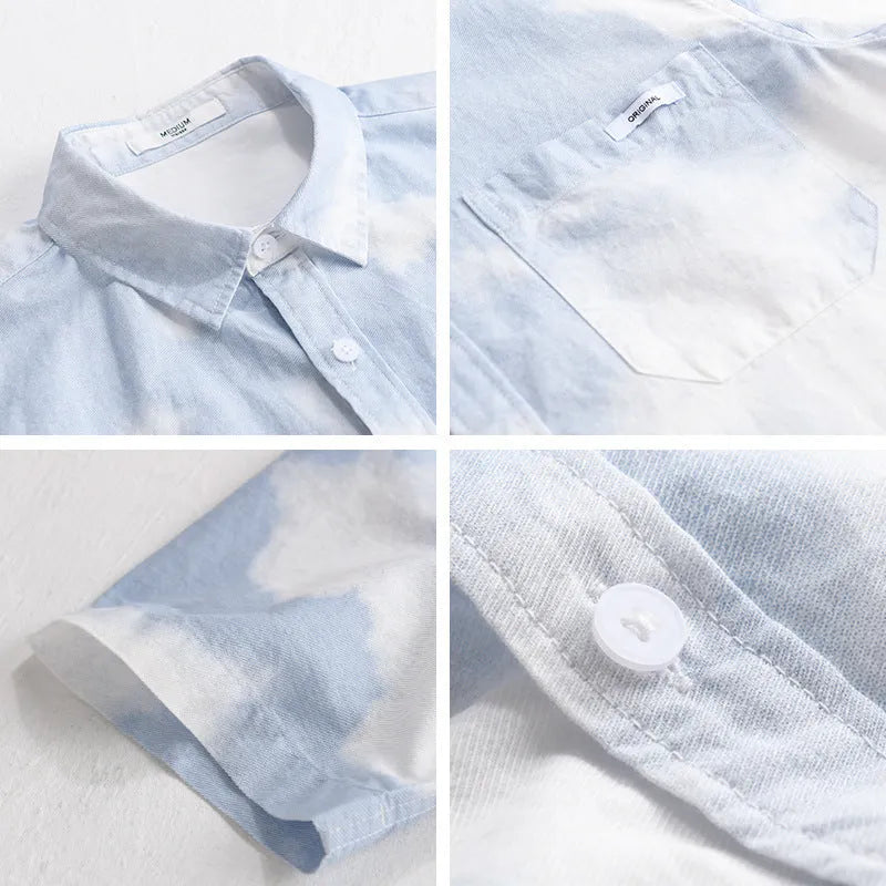 Light pink men's loose-fit cotton cardigan shirt on a hanger