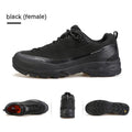 Men's low-top leather mesh hiking boots in black with non-slip rubber sole and lace-up front.