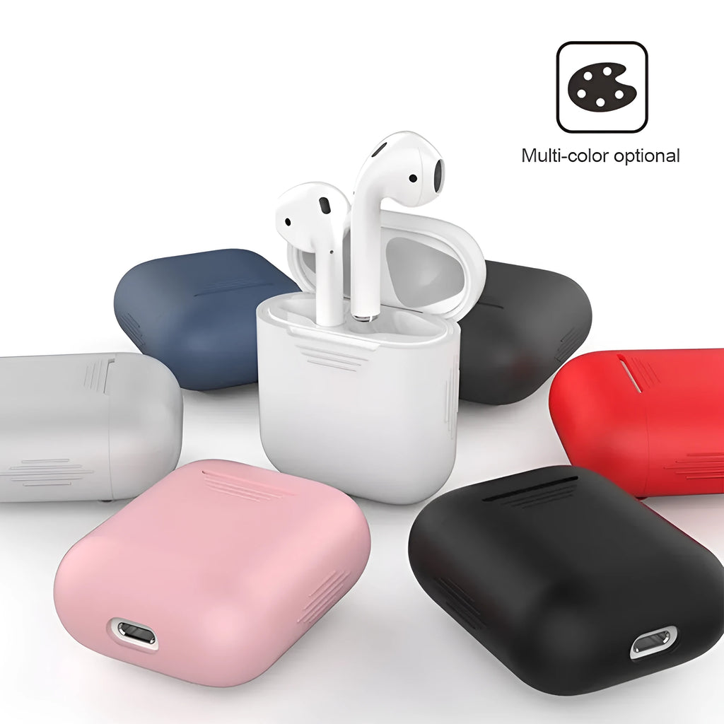 AirPods silicone protective case with anti-loss rope attached and shockproof earmuffs.
