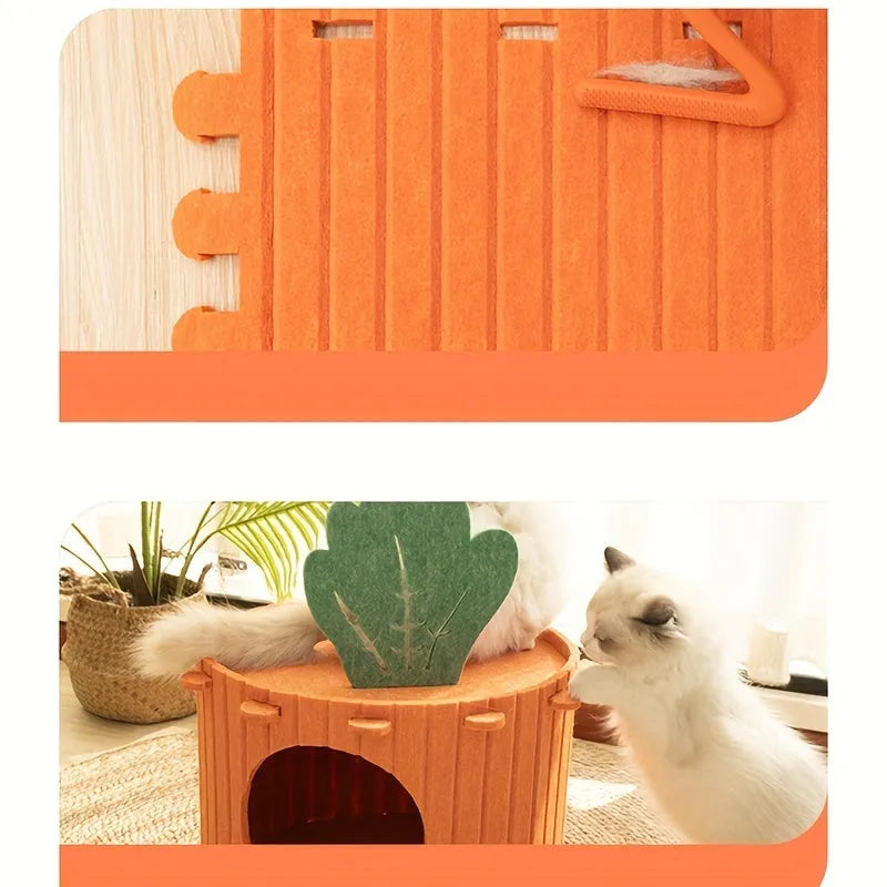 Carrot-shaped grey felt cat tunnel nest with circular entrance holes, shown in medium and large sizes.