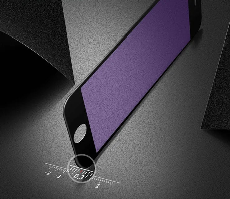 Tempered glass screen protector with carbon fibre soft edge for iPhone models.