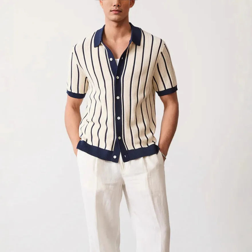 Men's white asymmetric knitted short sleeve top with lapel collar and striped pattern