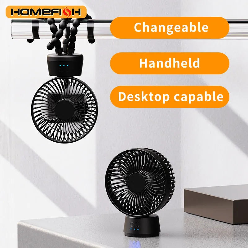 HOMEFISH F2 automatic shake head portable fan with removable bracket, LED light, and USB charging port