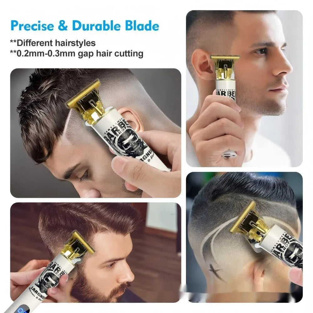 Rechargeable hair clipper with stainless steel cutter head and plastic body, shown with its 4-in-1 attachment combs.
