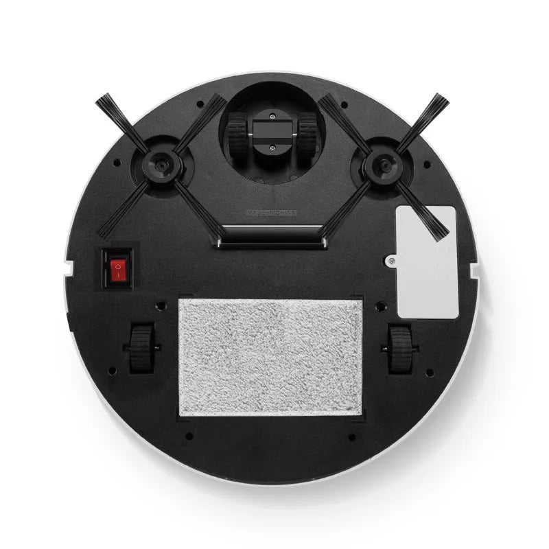 Automatic sweeping floor cleaner robot with compact black ABS body on a wooden floor.