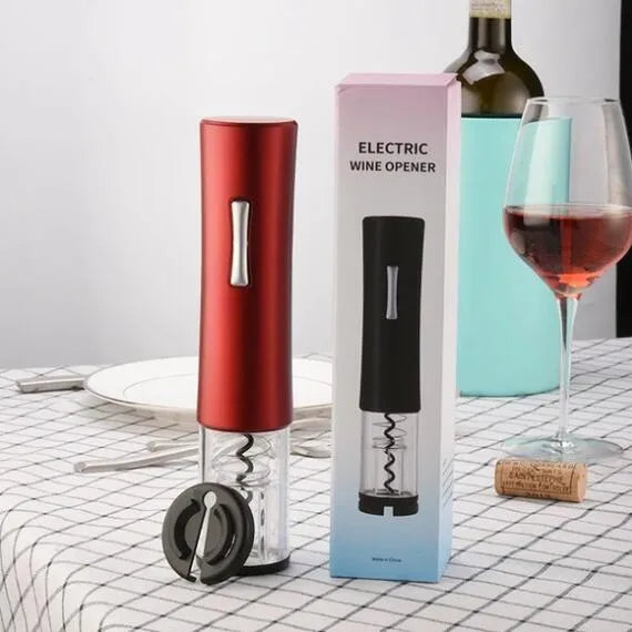 Automatic electric wine bottle opener with foil cutter in black, red, or white colours.