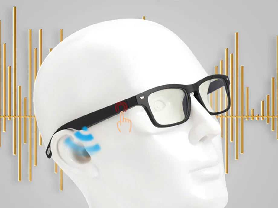 Smart glasses with semi-open Bluetooth audio design showing temple speakers and UV-protective lenses