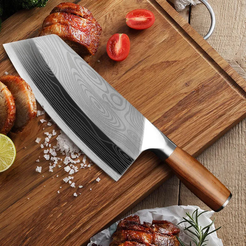 40cr13 forged stainless steel kitchen knife with a 320mm blade on a kitchen counter.