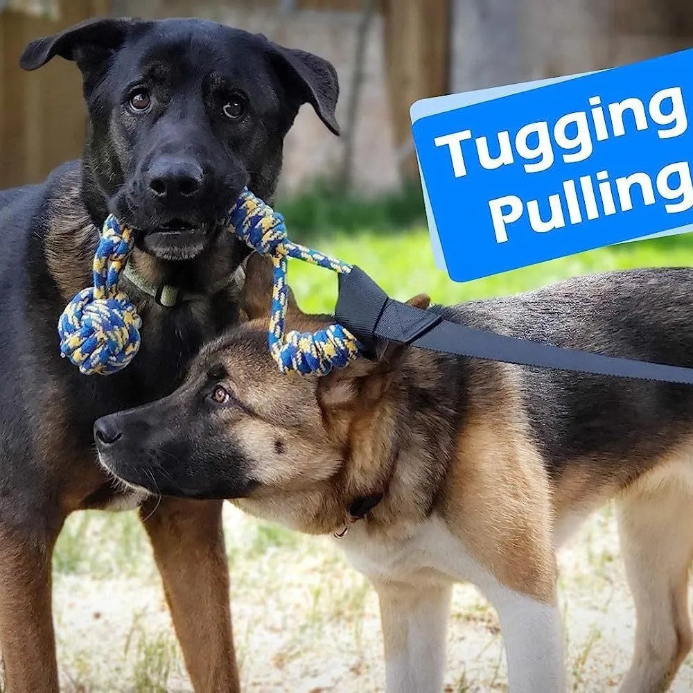 Cotton thread dog tug-of-war rope toy showing one of four design variants: corncob, teether ball, combination ball, or handle ball.