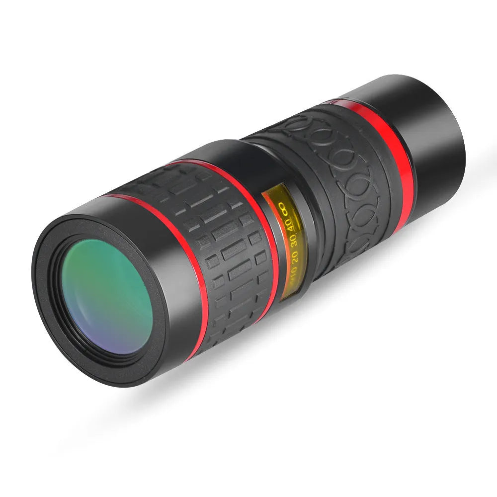 20x magnification smartphone telescope with universal mounting clip and plastic housing on a mobile phone.